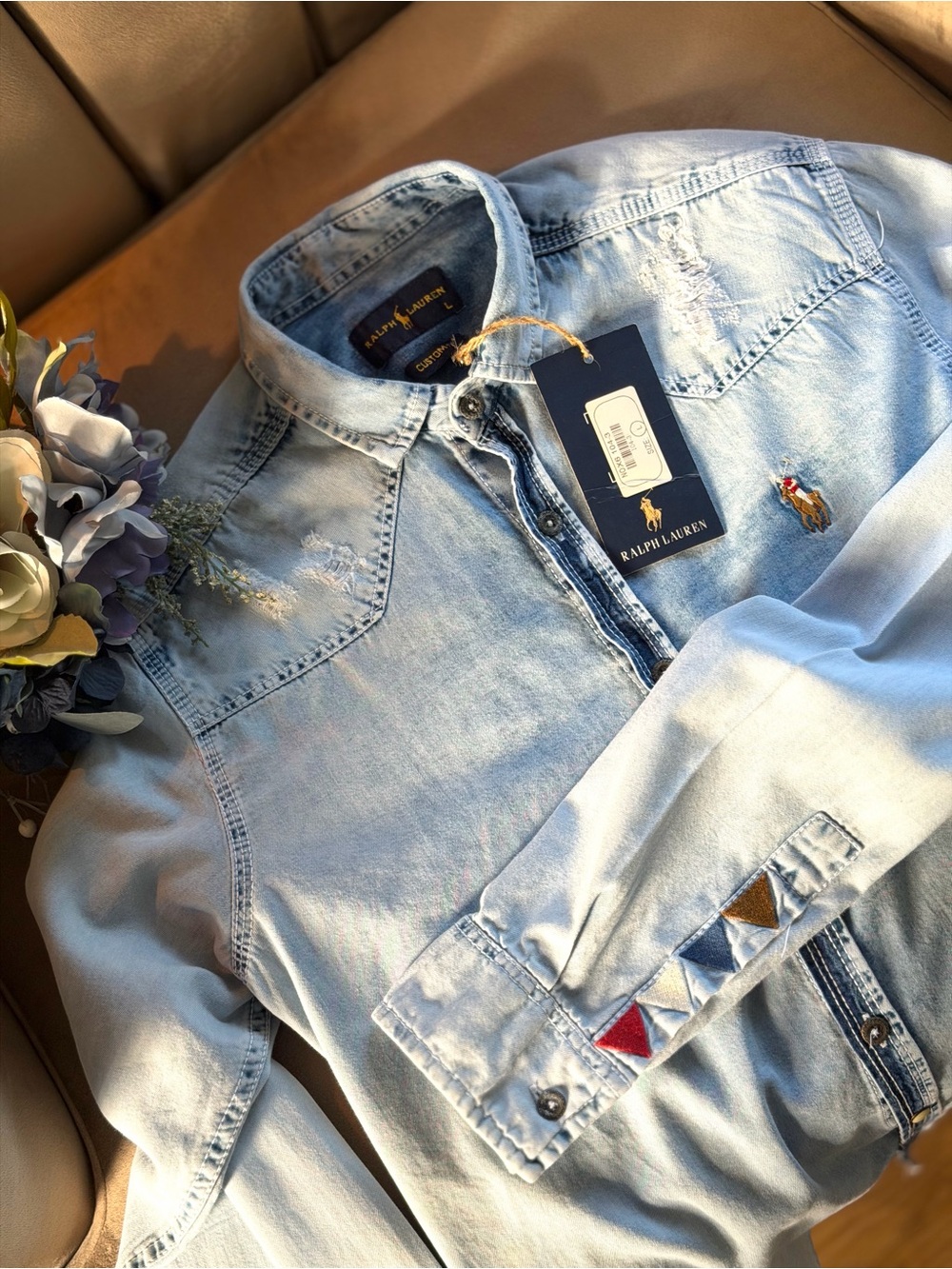 NWT Ralph Lauren Soft Chambray Denim Western Embroidered Button Down Shirt